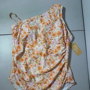 NWT Kona Sol Pink Orange Floral Asymmetric One Piece Swim Bathing Suit 14W
